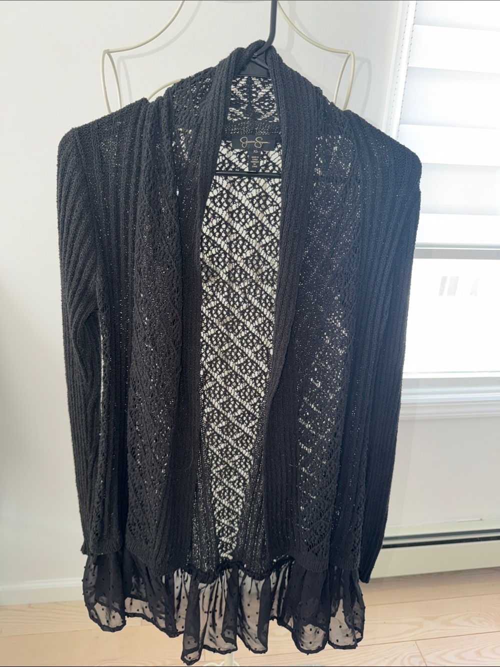 Jessica Simpson Black Open-Front Knit Cardigan with Sheer Ruffle Hem